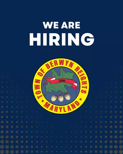 text WE ARE HIRING on a deep blue background with the Town Seal