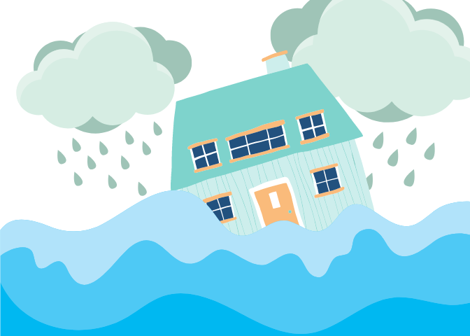 house in water with rain clouds