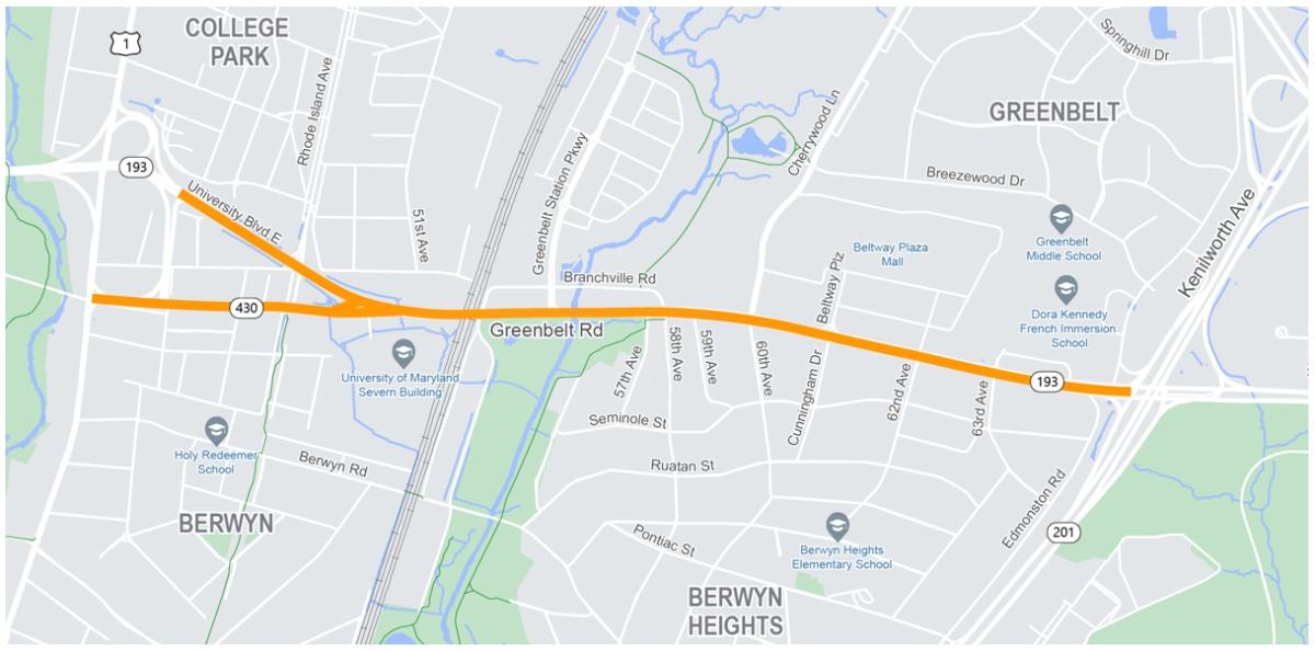 map image highlighting greenbelt road