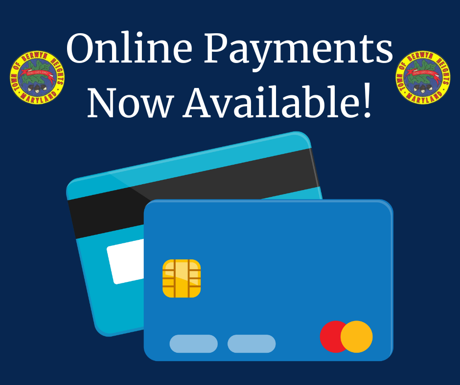 two credit cards with text online payments now available and the town seal