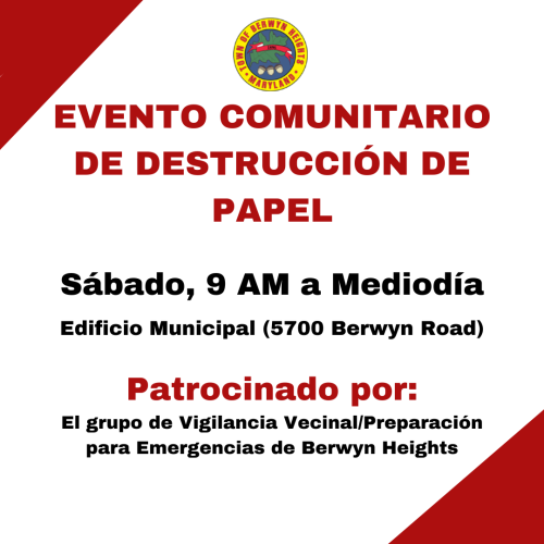 Berwyn Heights Seal and text of shred event in spanish