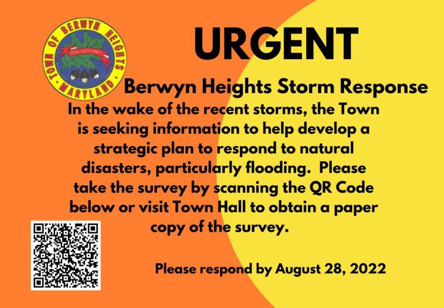 Orange and yellow postcard with text stating &quot;In the wake of the recent storms, the Town is seeking information to help develop a strategic plan to respond to natural disasters, particularly flooding.  Please take the survey by scanning the QR Code below or visit Town Hall to obtain a paper copy of the survey.  &quot;