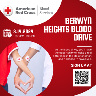blood drive information on a red background with the american red cross logo and two hands making a heart shape