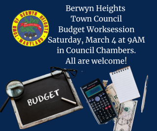 a chalkboard with the word budget on it and a calculator, pen, pad and dollar bills along side the town seal and text with meeti