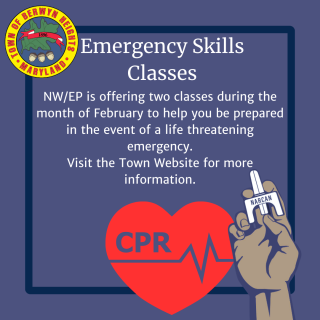 emergency skills classes text on purple background with Narcan and CPR images