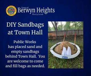 Image of sand, sandbags, and shovels behind Town Hall with text stating DIY sandbags are available behind Town Hall. 