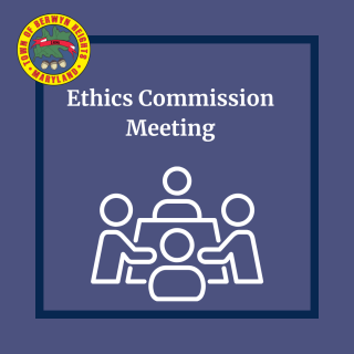 three stick people at a table on purple background with the words "ethics commission meeting"