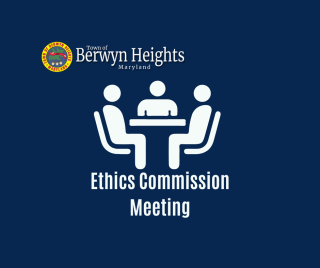 three people at a table on blue background with the words "ethics commission meeting"