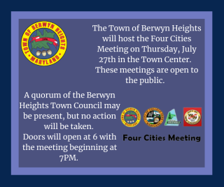 the text of the message on a purple background with the BH Town seal and the 4 cities logo in the lower left hand corner