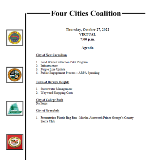 Four Cities Coalition with the Town Seals of each municipality and text of the agenda. 