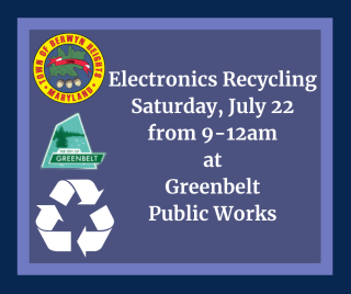 electronics recycling date information on a purple background with the BH logo, Greenbelt logo and recycling symbol