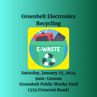 electronics recycling date information on a green back ground with e-waste image