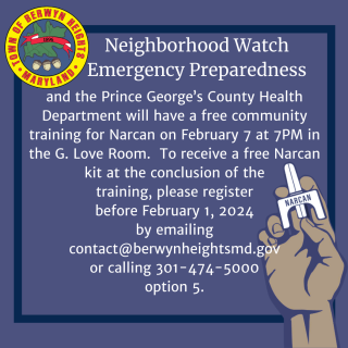 a hand holding a narcan nasal spray and text of the announcement below