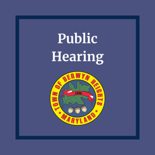 public hearing on purple background with Town Seal