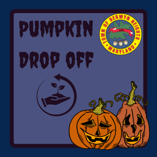 drooping jack-o-lanterns with a composting symbol and the words pumpkin drop off on a purple and blue background