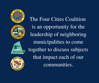 seals of berwyn heights, college park, greenbelt and new carrollton on a blue background with four cities mission text