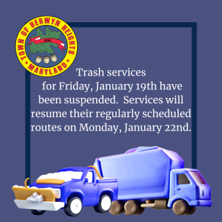 plow truck and trash truck on a purple background with text of announcement.
