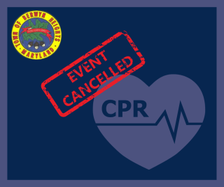 town seal with CPR in a heart and red notice stating event cancelled