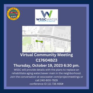 map of the sewer replacement and text with information about the meeting included with both WSSC and BH logo