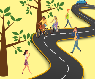 road with car, bicyclists, pedestrians one a yellow background with two trees