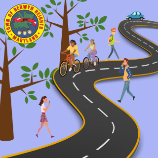 road and trees with cyclists and pedestrians on a light purple background with BH seal in the left upper corner