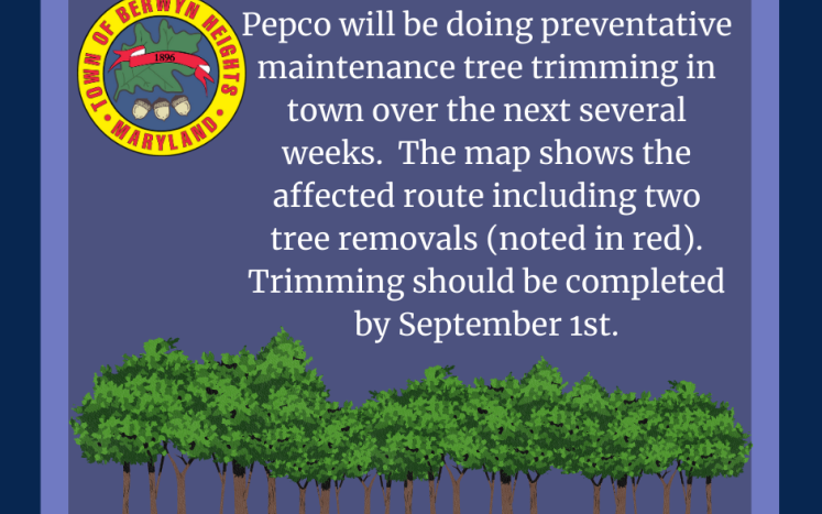 trees on a purple background with text about pepco tree trimming in english and the BH logo