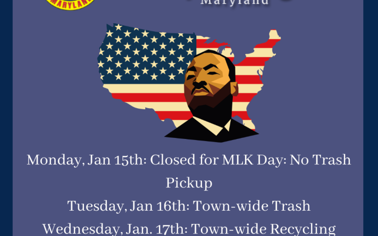 MLK Jr day trash schedule on a purple background with BH seal and image of MLK Jr and an American flag.