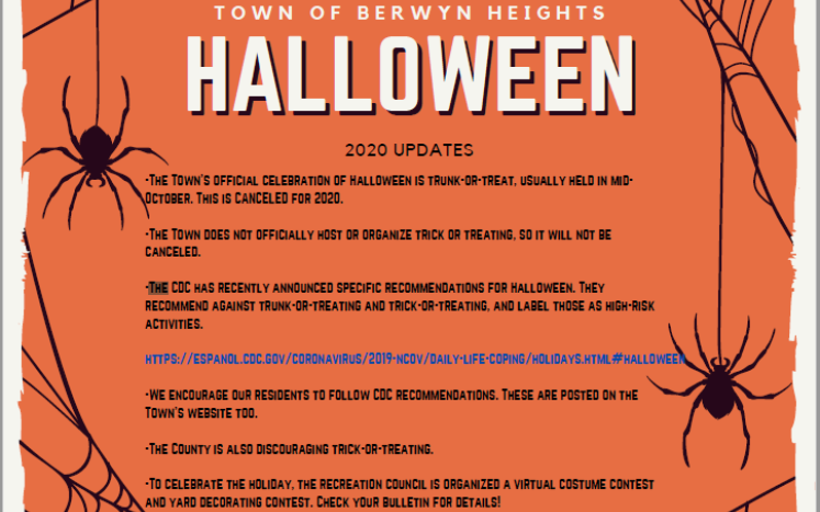 An orange halloween graphic decorated with spiders.The picture outlines Halloween cancellations 