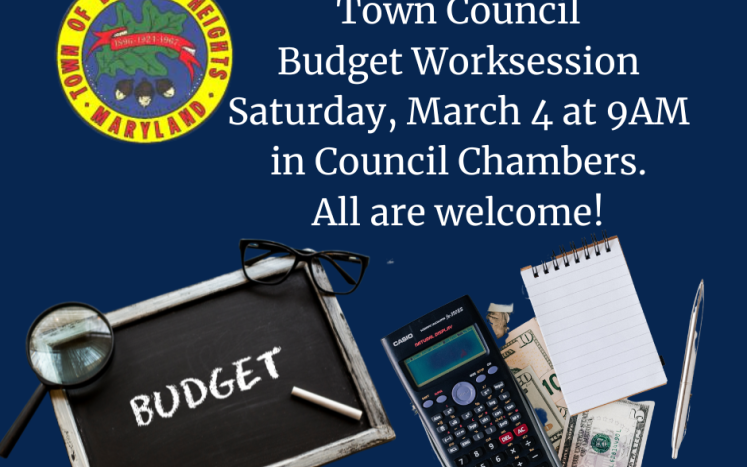 a chalkboard with the word budget on it and a calculator, pen, pad and dollar bills along side the town seal and text with meeti