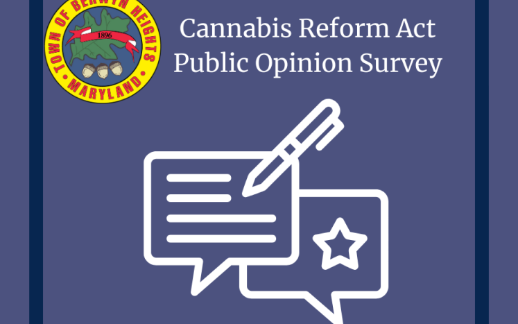 Cannabis Reform Act Public Opinion Survey and text bubbles with comments on a purple background with Town Seal 