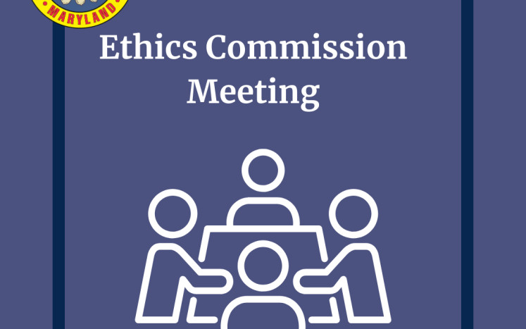 three stick people at a table on purple background with the words "ethics commission meeting"