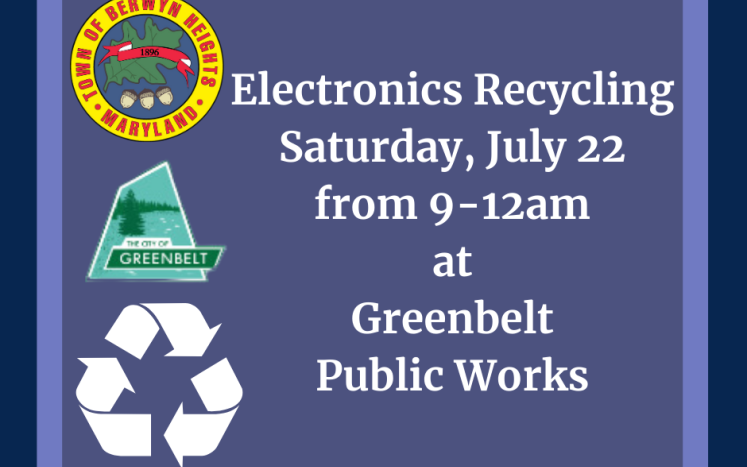 electronics recycling date information on a purple background with the BH logo, Greenbelt logo and recycling symbol