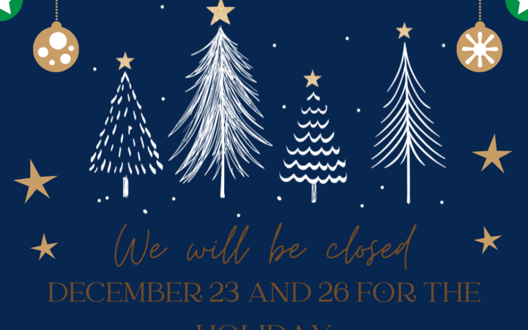 four white trees on blue background with text stating that Town offices will be closed for the holidays on December 23 and 26