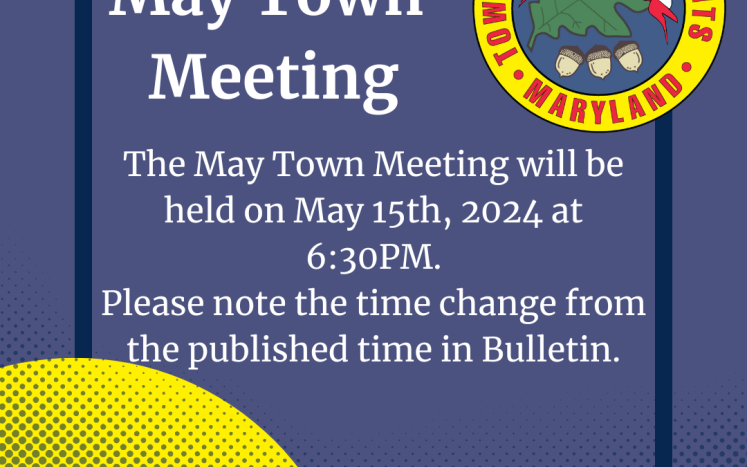 May Town Meeting details on a purple background with the town seal in the right hand corner