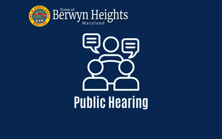 three figures with two text bubbles in white on a blue background with the Berwyn Heights Logo and text stating Public Hearing