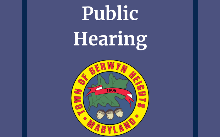public hearing on purple background with Town Seal
