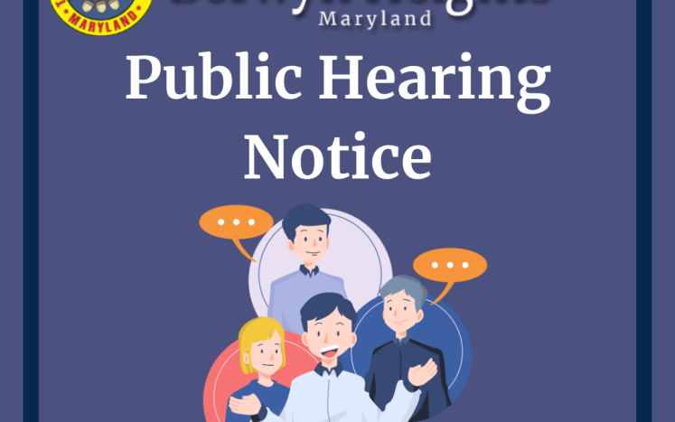 three figures with text bubbles on a purple background with the words public hearing and the town of BH seal in the l. corner