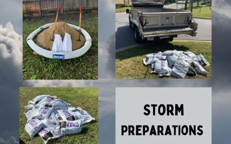 sandbag images with a grey block stating Storm Preparations