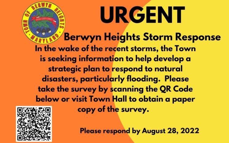 Orange and yellow postcard with text In the wake of the recent storms, the Town is seeking information to help develop a strateg