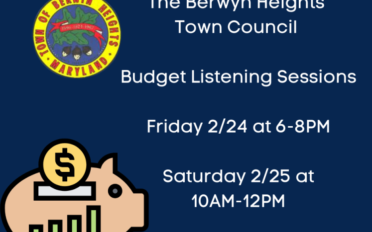 berwyn heights logo and text with meeting day and time and a piggy bank with a bar graph