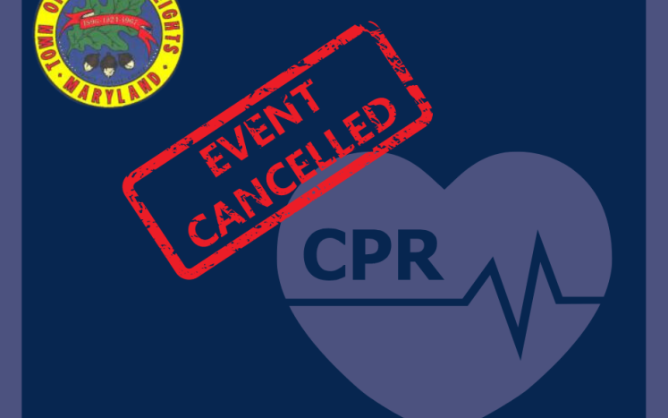 town seal with CPR in a heart and red notice stating event cancelled