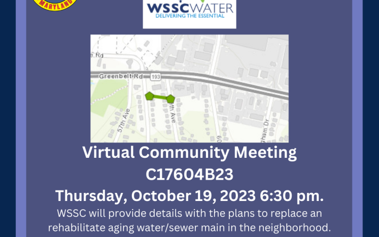 map of the sewer replacement and text with information about the meeting included with both WSSC and BH logo