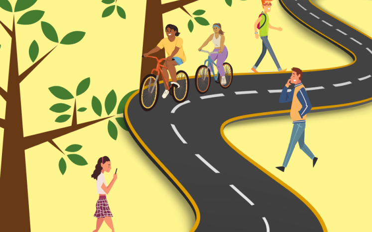 road with car, bicyclists, pedestrians one a yellow background with two trees